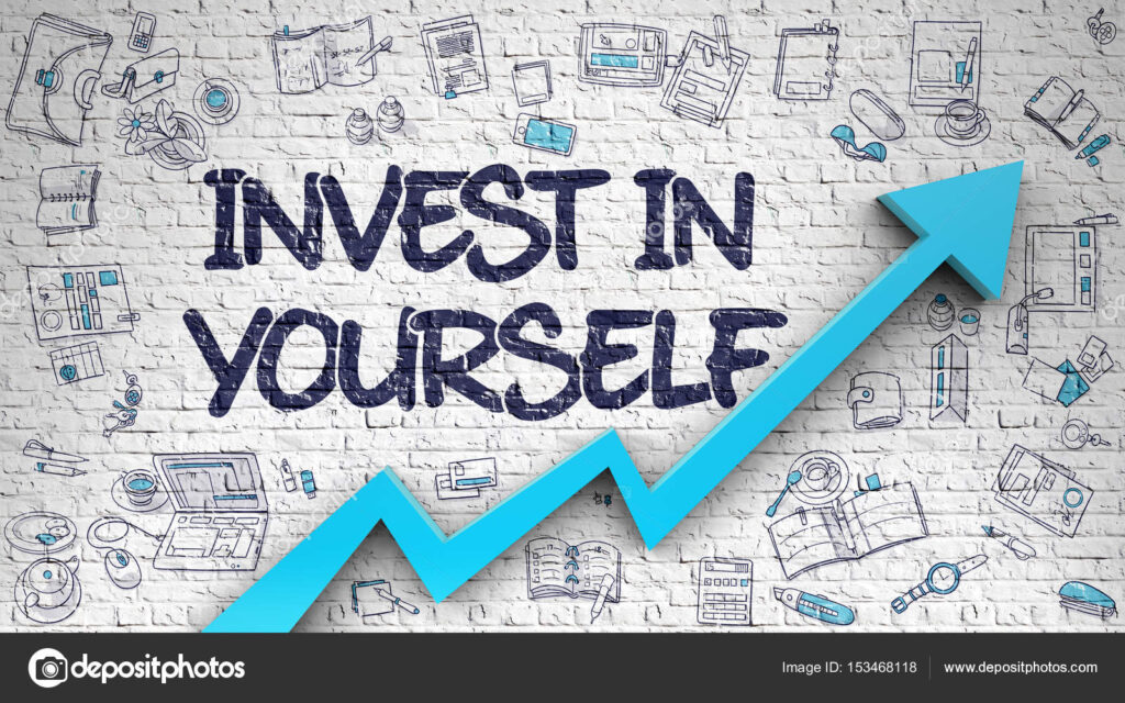 Invest In Yourself Drawn on White Brick Wall. 3D.